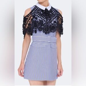 Self-Portrait Blue and White Striped Mini Dress with Black Crochet Overlay